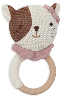 Jollein Beißring Baby – Jill – Zahnungshilfe – BPA-Frei – Gestrickter Katzenkopf – Silikon Beissring – Baby Spielzeug – Beißhilfe bei Zahnungsschmerzen