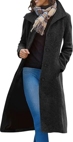 Womens Trench Coat Single Breasted Winter Trench Coat Classic Long Wool Blend Coats Notched Lapel Collar Double Breasted Peacoat Ladies Elegant Windproof Jacket Smart Casual A-Line Duffle Overcoat