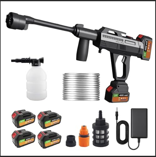 Rouzin Kabelloser Akku Hochdruckreiniger mit 4 akkus Hand Druckreinigerpistole Set, 6-in-1 Düse, Bürstenloser Motor, Mini Hochdruckreiniger Akku für Auto & Garten