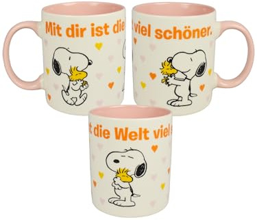 The Peanuts Snoopy Tasse - Mit dir ist die Welt viel schöner Kaffeetasse Becher Kaffeebecher aus Keramik Weiß/Rosa 320 ml