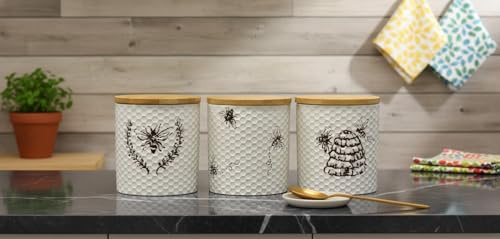 DEENZ Set Of 3 Ceramic Love Bee Print Canister Airtight Seal Wood Lid Storage Container Honeycomb Texture Tea, Coffee, Sugar, Flour, Salt Kitchen Countertop Cabinet Decor Jar 16 X 12 Cm (WHITE)