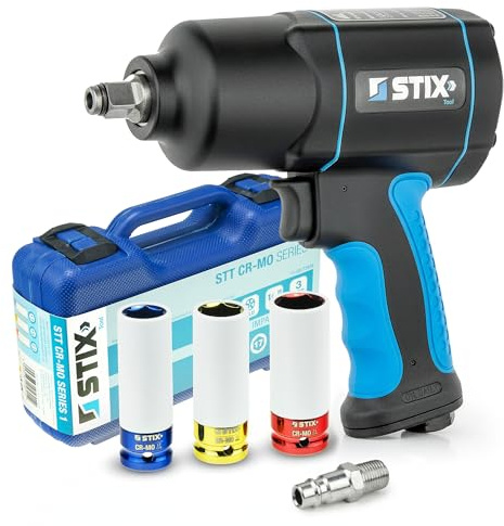 Stix STT-17 Schlagschrauber 1700 Nm mit 3 CR-MO Stecknüssen | Twin Hammer, 17, 19 und 21 mm Nüsse, Im Koffer