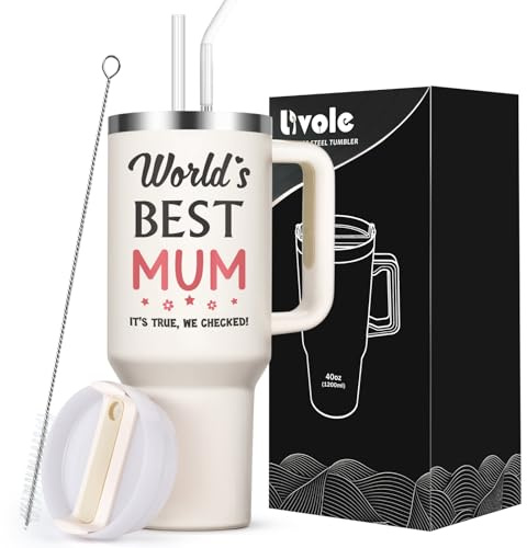 Livole Mothers Day Gifts for Mum, Mom, Mummy, Mama, World’s Best Mum, Mums Coffee Mug, 40oz Double-wall Insulated Big Travel Coffee Tumbler