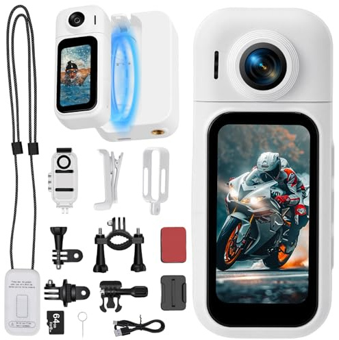 Cámara de Acción 360° con Pantalla Táctil, Mini Body Cam 4K Ultra HD, 30m Subacuática, Gran Angular 120°, 8H Batería + 64GB, Camara Moto y Casco para Deportes Acuáticos, Buceo, Vlogging, Blanca