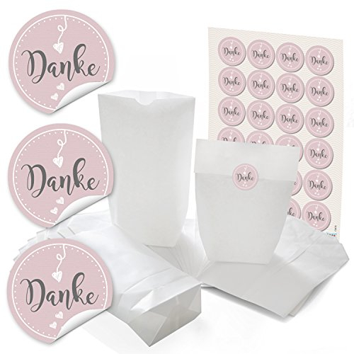 Logbuch-Verlag 24 DANKE Geschenktüten 16,5 x 26 x 6,6 cm zum Befüllen - Papiertüten weiß + Dankeaufkleber rosa Verpackung Mitgebsel Hochzeit Taufe