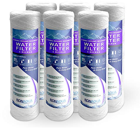 Ronaqua Wound String 5 Micron Sediment Water Filter Cartridge 10 Inc. x 2.5 Inc, Four Layers of Filtration, Removes Sand, Dirt, Silt, Rust, Made from Polypropylene (6 Pack)