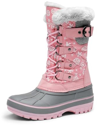 DREAM PAIRS Boys Girls Snow Boots Water-Resistant Outdoor Warm Cozy Anti-Slip Mid Calf Faux Fur Lining Insulated Winter Shoes for Little/Big Kids,Size 4 Big Kid,Pink,KRIVER-1