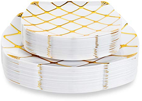 MATANA 40 Assiettes en Plastique Blanc avec Motif Doré pour Mariages, Anniversaires, Noël & Fêtes, Carrées (2 Tailles, 20 x 26cm & 20 x 18cm) - Solide & Réutilisable