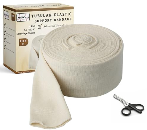 Tubular Compression Bandage Size D (3” x 33 ft) – Elastic Stockinette Support Sleeve for Elbow, Leg, Calves, Bicep & Arm – Cut-to-Fit, Washable Reusable, No Pins/Tape – Plus Medical Scissors