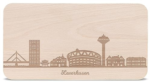 GRAVURZEILE Frühstücksbrettchen mit Gravur - Skyline Leverkusen - Holz Schneidebrett Vesperbrett Brotzeitbrett - Geschenk für Stadtverliebte - Ideal auch als Souvenir