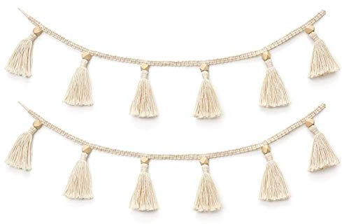 Bohemian Macrame Handmade Woven Tassel Garland Wooden Beads Belly Basket Decorative Wall Hangings for Home Nursey Room Decor
