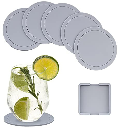 Lamondre Untersetzer Gläser Set - 6 Stück Silikon Rund Grau, Anti-Rutsch für Getränke, Kaffee, Bier - Zuhause, Bar, Office und Mehr