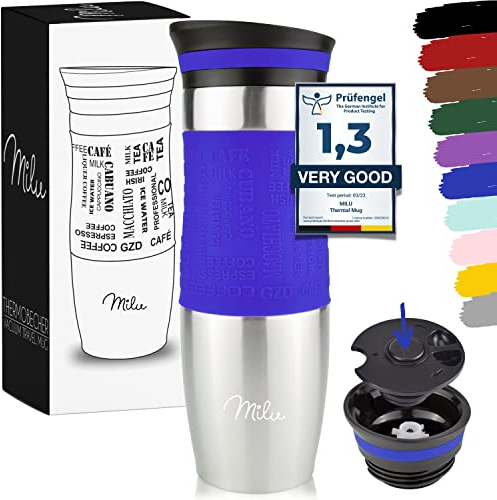 Milu Thermobecher Kaffee to go 370ml, 450ml Isolierbecher Kaffeebecher - 100% Auslaufsicher - Trinkbecher aus Edelstahl - Autobecher doppelwand Isolierung - Travel Mug (Blau, 450ml)