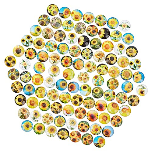 PandaHall 100pcs Cabochons Runde Mosaikfliesen Sonnenblumenmuster Halbrunde Mosaik Bedruckte Glaskuppel Cabochons Für Foto Anhänger Schmuckherstellung, 12 mm