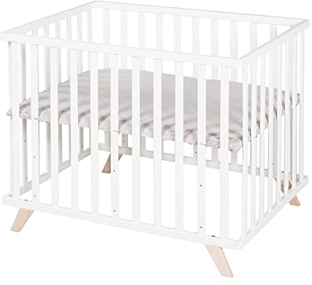 roba Laufgitter 75 x 100 cm - Baby Laufstall inkl. Einlage Lil Planet grau - GOTS und Oeko-Tex 100 zertifiziert - 3-fach höhenverstellbar - Holz weiß