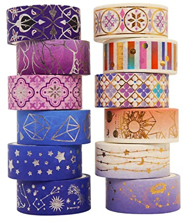 LGEGE Washi Tape Set, 3 m x 15 mm, Sternennacht, Goldfolie, Abdeckband, Dekor für Scrapbooking, Basteln, Scrapbooking, Geschenkverpackung, Tagebuch, Planer, 12 Rollen