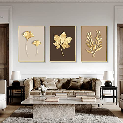 HEHGVCF 3er Set Leinwand Poster Wandbilder, Modern Pflanzen Leinwand Poster, Gold Pflanzen Bild, Bilder für Home Deko Rahmenlos (Gold B, 60 x 90cm)