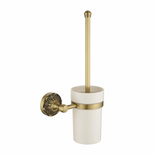 Lucyound Antique Gold Toilet Brush Holder, Wall Mounted Heavy Duty Toilet Bowl Brush and Holder Set, Vintage Decorative Bathroom Accessories, Ceramic and Brass Petal-Relief Series