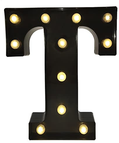 Black Alphabet Marquee Letters LED 26 Alphabet Light Up Letters with Diamond Bulb Battery Powered Led Letter for Wedding Birthday Christmas Home Bar Decoration Party Night Light (Black Letter T)
