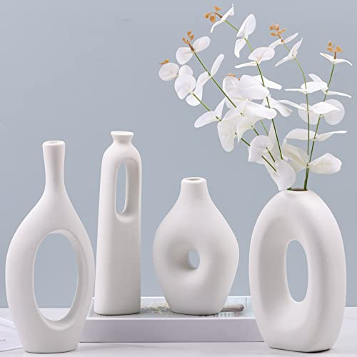 Weiße Keramik Ovale Donut Vase 4er Set Nordic Weiß Runde Vase Boho Kreis Hohl Runde Vase für Dekoration, Matte Weiß Dekorative Vase für Wohnzimmer, Tafelaufsätze, Kaminsims, Bücherregal, Tisch