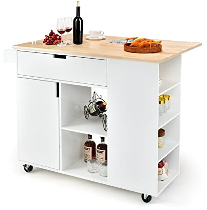 COSTWAY Küchenwagen mit ausziehbarer Arbeitsfläche, Servierwagen auf Rollen, Kücheninselwagen Holz, Küchenschrank mit Ablagen & Schublade & Gewürzregal, Küchentrolley für Küche Esszimmer (Weiß)