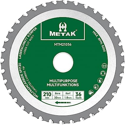 METAK - Lama per sega circolare multifunzione, 210 x 30 mm, in metallo duro, per legno, metallo, alluminio, acciaio, lama multi-materiale, da 210 mm, a 36 denti, anello di riduzione da 30 mm incluso