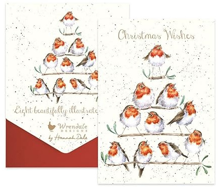 Wrendale Designs Weihnachtskarten, Motiv: Robins, Rotkehlchen, Weiß, 101 x 152 mm, 8 Stück