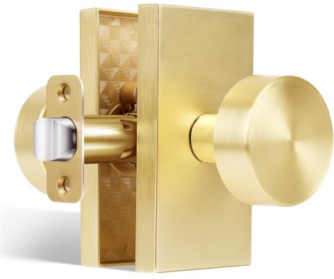 HIEMEY Gold Door Knob Interior,Passage Rectangle Modern Door Knobs, Satin Brass | Modern Round Door Knobs Door Handles for Hall Closet Rectangle