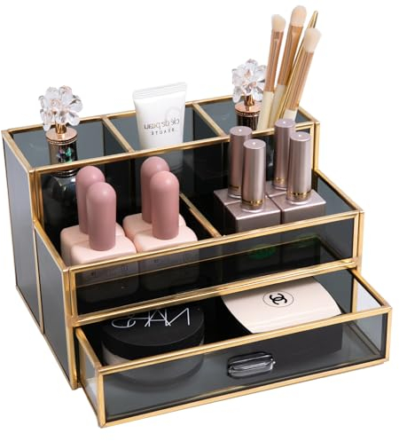 HARLIANGXY Make up Organizer mit Schubladen, Kosmetik Organizer, Multifunktion Schminktisch Organizer, Pinselhalter aus Glas, Schminke Aufbewahrungen Box, Beauty Cosmetic Organizer, Schwarz