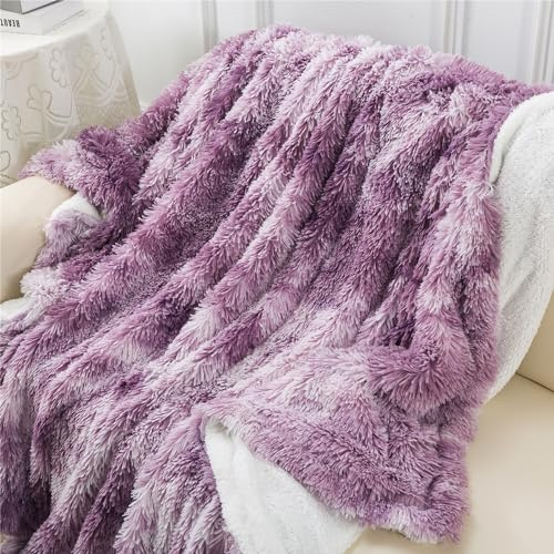 CINYE Fluffy Sherpa Fleece Blanket - Soft Plush Faux Fur Blanket for Couch, Bed, Sofa, Cozy and Warm Furry Shaggy Decorative Throw Gifts for Adults, Tie Dye Purple 50x60