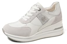 QUEEN HELENA Sneakers in Vera Pelle con Zeppa Scarpe da Ginnastica Alte Casual Donna QH9009 (QH7017 Grigio, Sistema Taglie Calzature EU, Adulto, Donna, Numero, Media, 38)