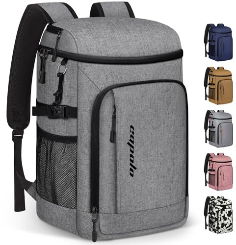 Capolo Kühlrucksack, isoliert, wasserdicht, für Damen und Herren, auslaufsicher, Thermotasche, weiche Reise-Kühltasche, tragbar, Eistruhe, Lunch-Rucksack für Camping, Picknick, Grau, 36 Dosen
