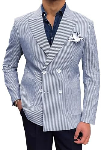 SHUZHXLZANGY Mens Seersucker Jacket Sport Coat Striped Blazer Prom Tuxedo Party Leisure Jacket for Men Beach Wedding Prom Party Navy Blue