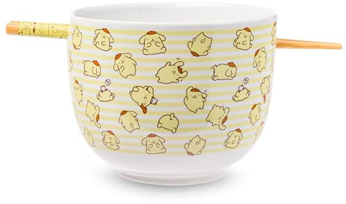 Silver Buffalo Sanrio Hello Kitty and Friends Pompompurin Pattern Ceramic Ramen Noodle Rice Bowl with Chopsticks, Microwave Safe, 20 Ounces