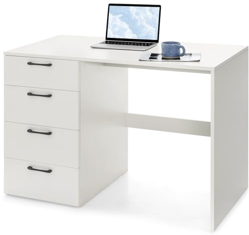 LIFEZEAL Schreibtisch mit 4 Schubladen, Weißer Büro-Schreibtisch, Moderner Computertisch Arbeitsplätze für Studio, Schlafzimmer, Arbeitszimmer, Büro, max. 115 kg, 110 x 60 x 76 cm