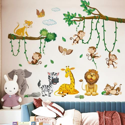 Wandtattoo Dschungel Tiere Wandaufkleber, 2 Stück Baum Reben Wandaufkleber, Elefant Giraffe Löwe Affe Zebra Eule Wandsticker für Jungen Mädchen Babyzimmer Schlafzimmer Wanddeko (30x90 cm)