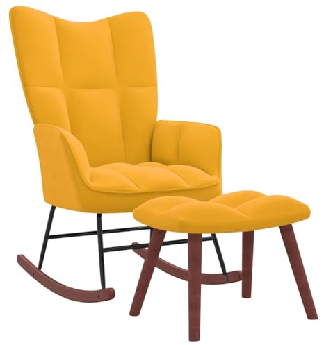 Chaduof Schaukelstuhl mit Hocker, Sessel Wohnzimmer, Schaukelsessel, Stillsessel, Schwingsessel, Tv Sessel, Ohrensessel, Relaxsessel, Rocking Chair, Senfgelb Samt