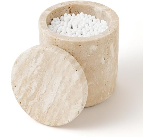Travertine Stone Canister Natural Marble Cotton Bud Holder with Lid Large Capacity Cotton Pads Storage Dispenser for Cotton Swab Cotton Ball Makeup Pad Bath Salt (Beige)
