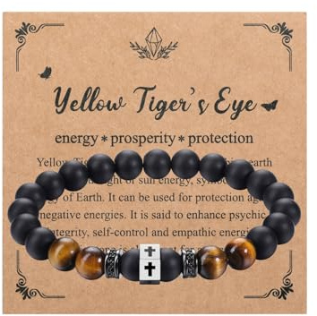 Zysta Edelstein Armband mit Kreuz 8mm Perlenarmband Tigerauge Schwarz Achat Stretch Echte Steine Armband für Herren Damen