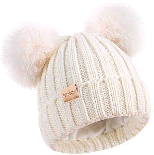 Tontuland Berretto Invernale per Bambini, Caldo Berretto da Sci con Pompon Foderato in Pile, Cappello Lavorato a Maglia per Ragazzi e Ragazze, Bianco, Taglia Unica