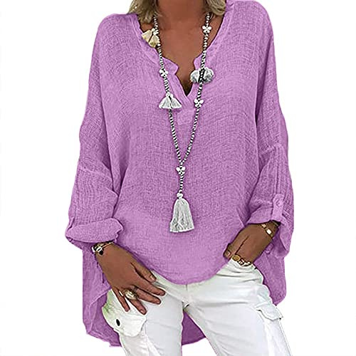 Tunique Femme Longue Chic Col en V Bouton Ete Chemise Femme Manche Courte Couleur Unie Tops Lin Lâche Respirant Hauts Casual Grande Taille T-Shirts Pas Cher Élégant Chic Tunique Blouse