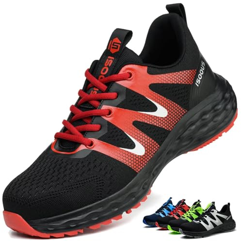 Zapatos de Seguridad para Hombre Mujer Ligero Zapatillas Trabajo Comodo Calzado de Seguridad con Punta de Acero Antideslizantes Rojo 43 EU