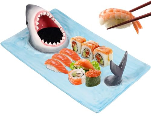 Sushi Serving Plate 33x20cm Ceramic Sushi Plate Shark Shape Porcelain Sushi Platter Japanese Style Porcelain Food Platter Artistic Food Serving Trays with Soy Sauce Holder Kitchen Table Decor