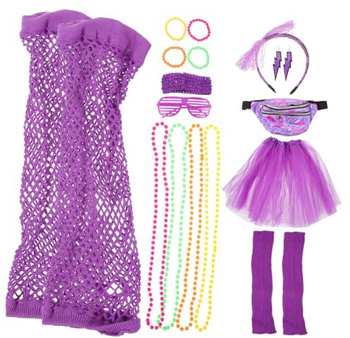 VALICLUD 1satz Jahre Neon Kostüme Für Frauen Retro Party Zubehör Mit Netz-handschuhen Haarband Rock Halskette Und Armband Für Mottopartys Und Karneval
