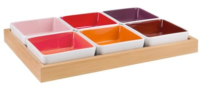 REMEMBER 6 Schalen mit Holztablett Nr.3 - B 33 x T 22 - Buntes Schalen-Set