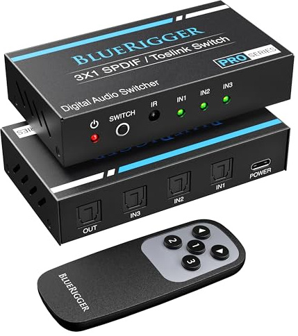 BlueRigger Digital Toslink Optical 3x1 Switch - (LPCM 2.0, SPDIF Optical Audio Switcher with IR Remote Control, 3 in 1 Fiber Optic Switch) - Compatible with Gaming Console, HDTV, Amplifier, Soundbar