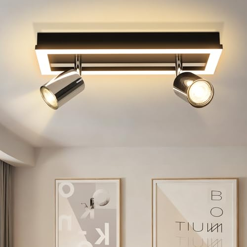 meoaow LED Deckenstrahler Deckenlampe Küche - 2 Flammig GU10 Deckenleuchte Schwarz Modern Silber Küchenlampe Warmweiß Deckenspots 350° Schwenkbar 12W für Flur Wohnzimmer Schlafzimmer Ohne Leuchtmittel
