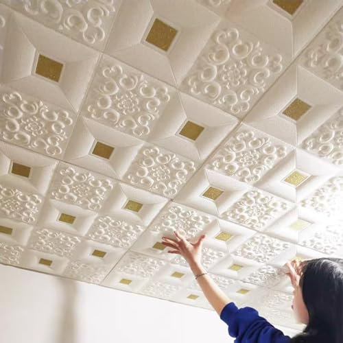 Lot de 10 dalles de plafond en forme de goutte française (50 m²) – Panneaux muraux stéréo en mousse 3D à décoller et à coller – Revêtement de plafond en faux relief imperméable pour décoration