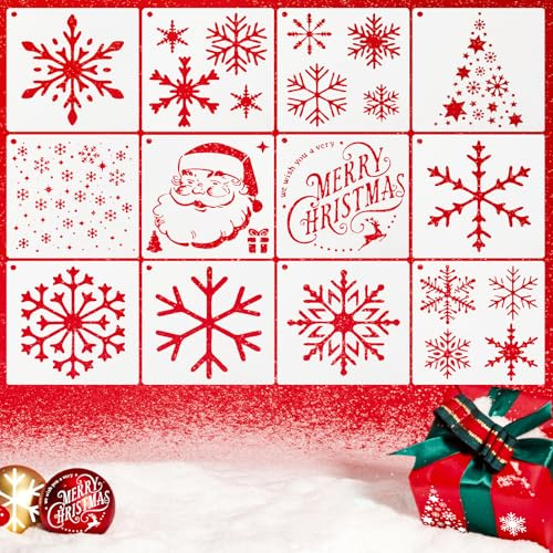 CIYIN 12 Stück Weihnachten Schablonen, Zeichenschablonen Malschablonen aus Kunststoff, Wiederverwendbare Weihnachtsschablonen, Schneespray Fenster Schablonen für Fenster DIY Scrapbooking Karten