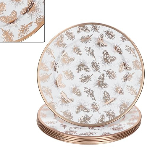 MamboCat 6er Set Platzteller Tannenzapfen weiß I Ø 33 cm I Leichter Dekoteller mit winterlichen Tannenzapfen in Kupfer aus Metall I Platzset für 6 Personen I für Weihnachten & Co.